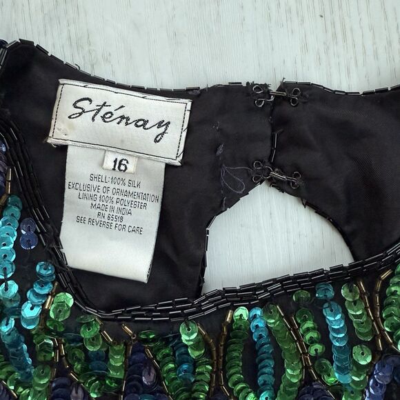 Stenay Vintage Dress 16 Sequins Silk Short Sleeve Beaded Peacock Design Cocktail - Picture 10 of 16